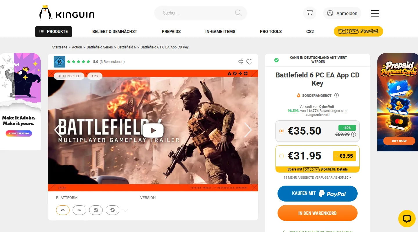 Карточка товара Battlefield 6 PC EA App CD Key на Kinguin: слева трейлер игры, возрастная метка 16 и рейтинг 5.0 по трём отзывам, под видео переключатель платформы EA App или Steam. Справа зелёная отметка «можно активировать в Германии», продавец CyberVolt с 98,59 % положительных из 164 774 оценок, цена 35,50 евро со скидкой 49 % от 69,99 евро, ниже вариант 31,95 евро для подписчиков KING's Pass, строка «ещё 13 предложений от 35,50 евро» и кнопки оплаты через PayPal и добавления в корзину.