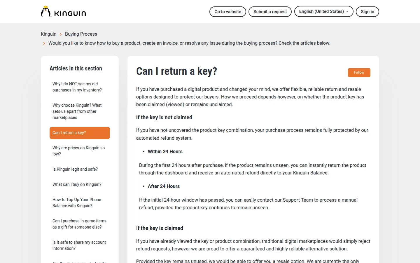 Статья справочного центра Kinguin Can I return a key? на белом фоне: слева список статей раздела Buying Process — почему не видно старых покупок, почему цены низкие, безопасен ли Kinguin; справа текст с подзаголовками If the key is not claimed, Within 24 Hours, After 24 Hours и If the key is claimed, где сказано, что нераскрытый ключ в первые 24 часа возвращается автоматически на Kinguin Balance.