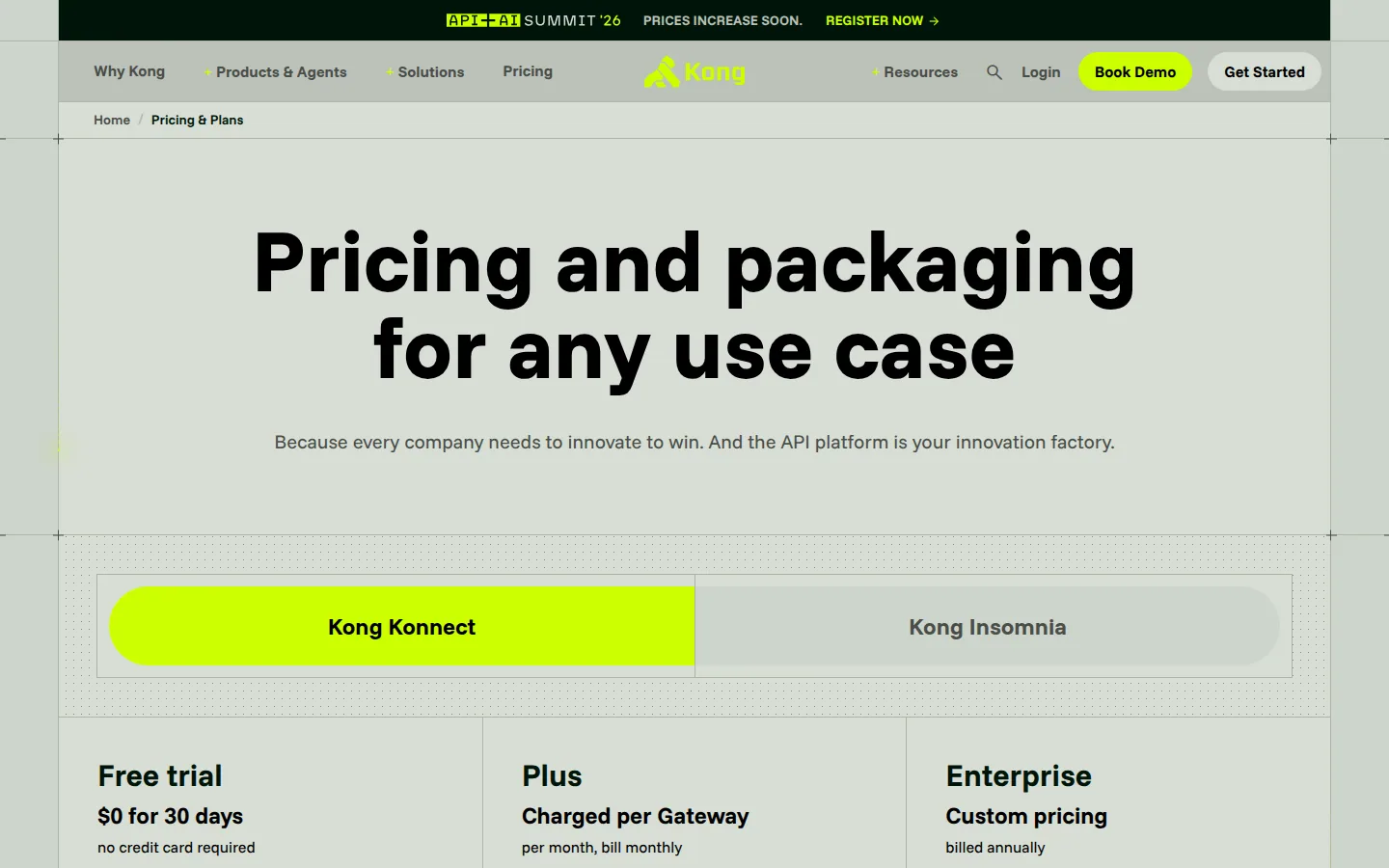 Официальная страница тарифов сервиса Kong Gateway