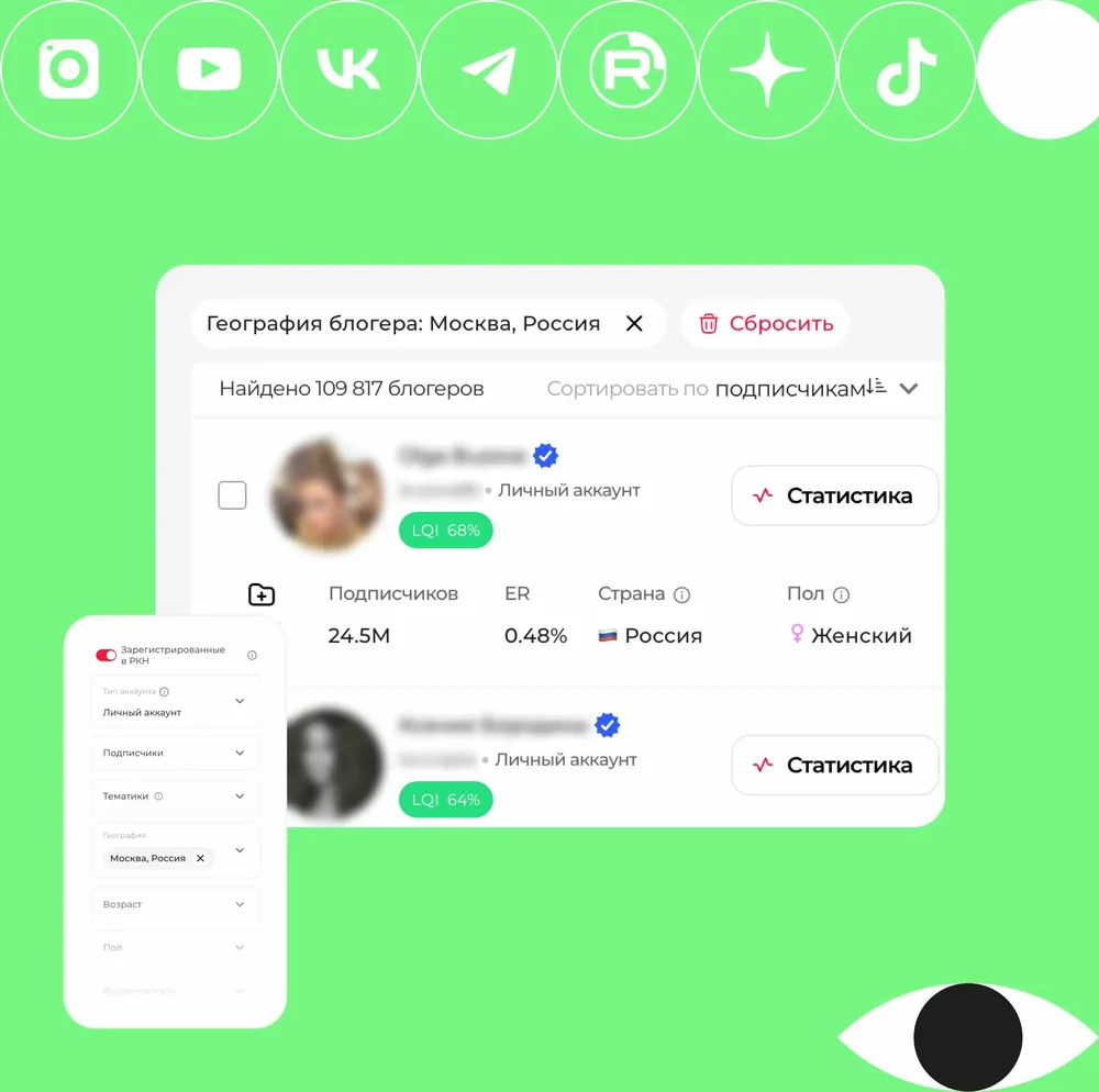 Экран поиска блогеров: сверху ряд иконок Instagram, YouTube, VK, Telegram, RUTUBE, Дзен и TikTok, ниже фильтр «География блогера: Москва, Россия» с кнопкой «Сбросить», строка «Найдено 109 817 блогеров» и сортировка по подписчикам; в карточке автора значок верификации, отметка «Личный аккаунт», бейдж LQI 68%, колонки «Подписчиков» 24.5M, ER 0.48%, «Страна» Россия и «Пол» Женский; слева панель фильтров с переключателем «Зарегистрированные в РКН» и полями «Тип аккаунта», «Подписчики», «Тематики», «География», «Возраст», «Пол», «Вовлечённость»