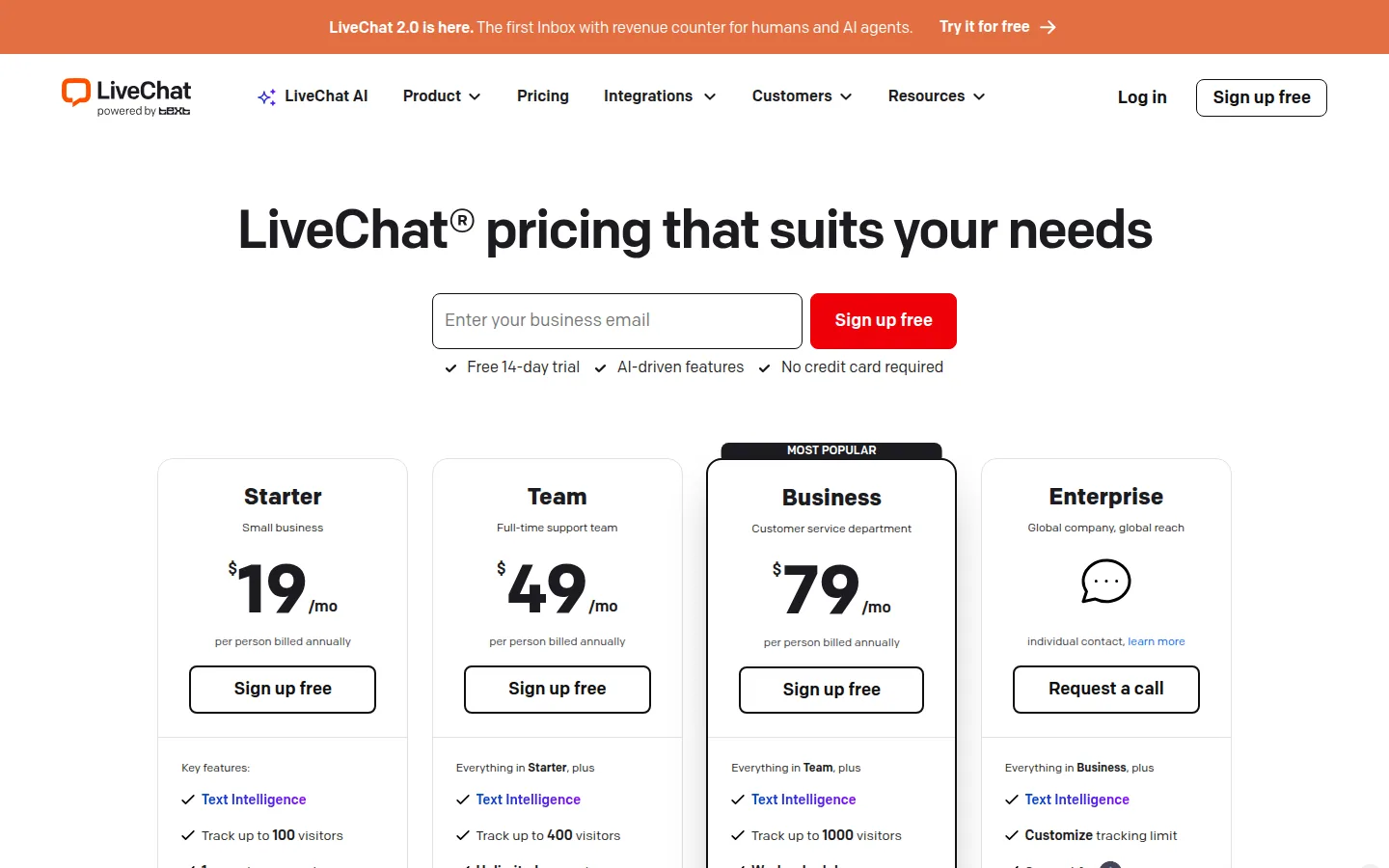 Тарифы LiveChat Starter Team Business