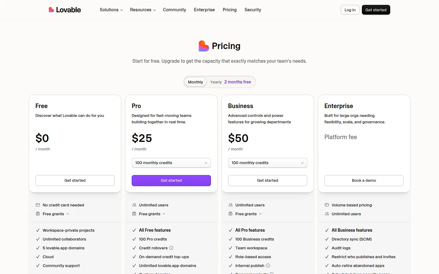 Тарифы Lovable Free Pro Business