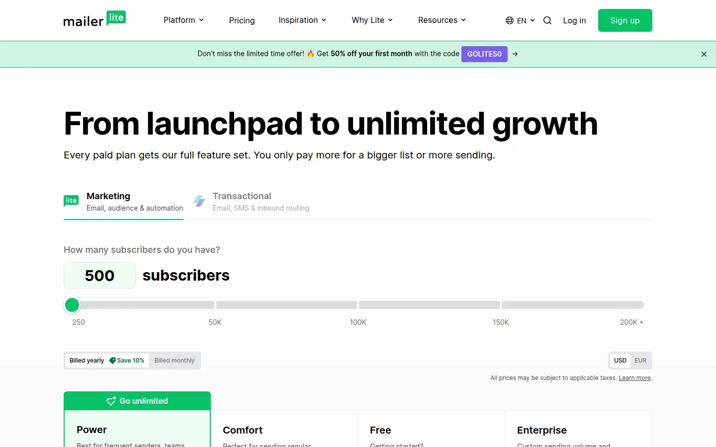 Тарифы MailerLite Free Comfort Power