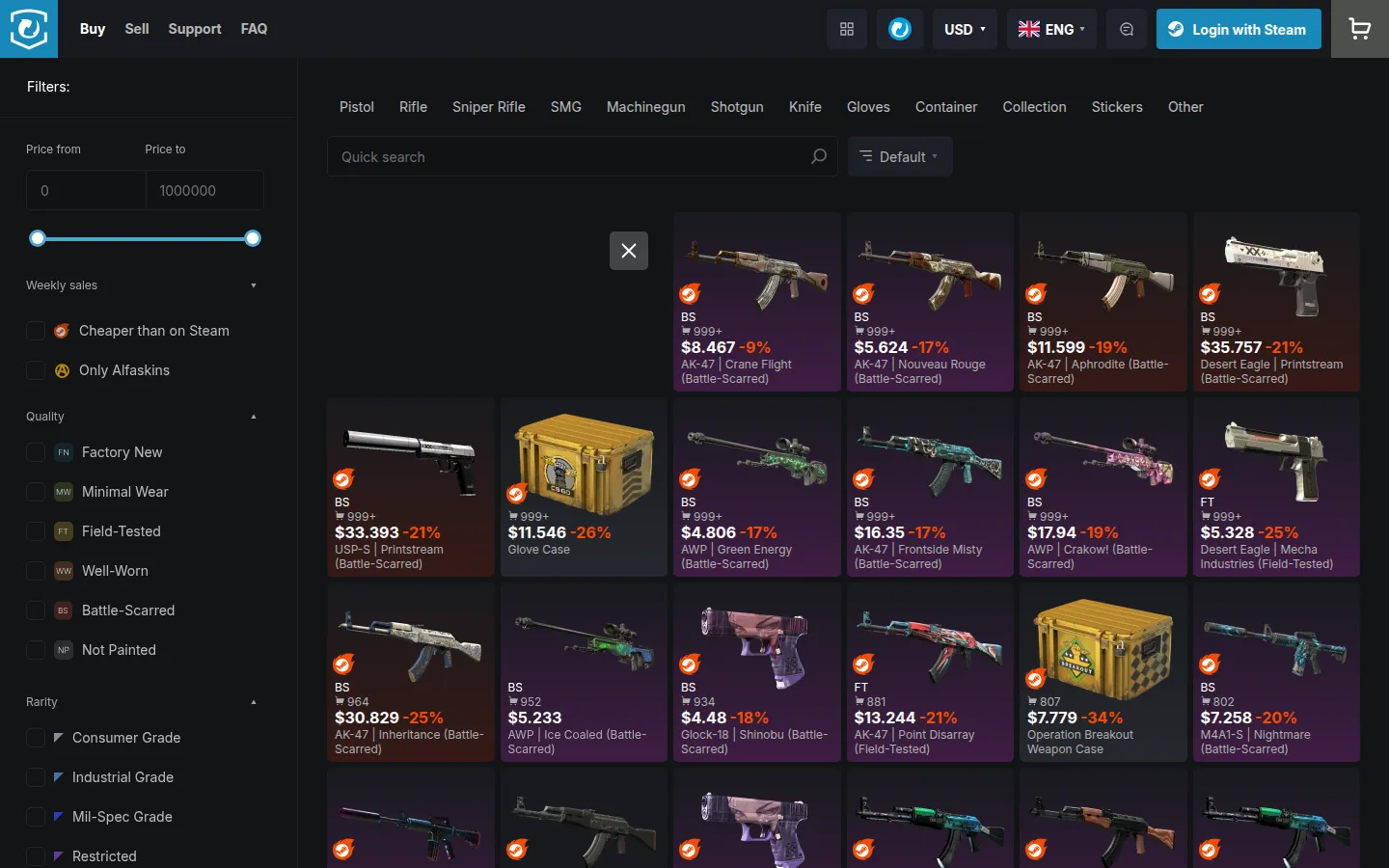 Главная страница сервиса Market.CSGO