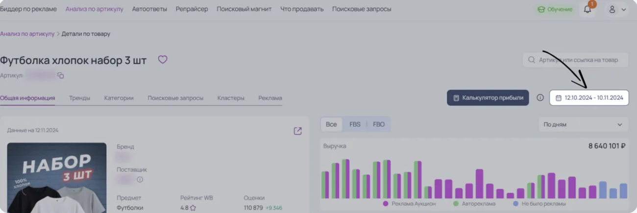 Экран «Анализ по артикулу» в MarketGuru: верхнее меню с разделами «Биддер по рекламе», «Анализ по артикулу», «Автоответы», «Репрайсер», «Поисковый магнит», «Что продавать», «Поисковые запросы»; хлебные крошки «Анализ по артикулу → Детали по товару», заголовок «Футболка хлопок набор 3 шт», вкладки «Общая информация», «Тренды», «Категории», «Поисковые запросы», «Кластеры», «Реклама», кнопка «Калькулятор прибыли» и выбранный период 12.10.2024 — 10.11.2024; слева карточка товара с рейтингом WB 4.8 и 110 879 оценками, справа переключатели «Все», FBS, FBO и столбчатый график выручки на 8 640 101 ₽ с легендой «Реклама Аукцион», «Автореклама», «Не было рекламы»