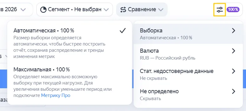 Панель настроек отчёта в Яндекс Метрике: справа меню с пунктами «Выборка — Автоматическая · 100%», «Валюта — RUB, Российский рубль», «Стат. недостоверные данные — Не скрывать», «Не определено — Скрывать». Слева раскрытое подменю выборки с двумя вариантами: «Автоматическая · 100%» с галочкой и пояснением, что размер выборки определяется автоматически ради скорости построения отчёта, и «Максимальная · 100%» с подписью «Определяет максимально возможную выборку при текущей нагрузке. Для увеличения выборки уменьшите период или подключите Метрику Про». В правом верхнем углу подсвечена кнопка настроек с бейджем «100%».