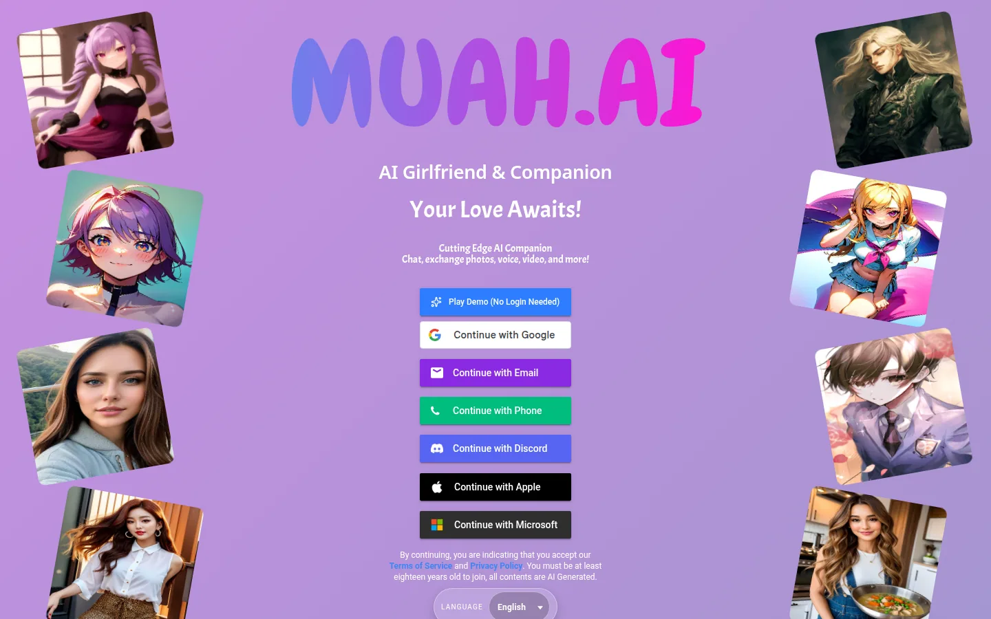 Главная страница сервиса Muah AI