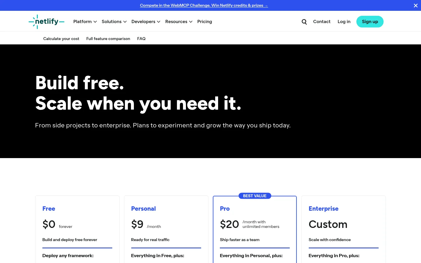 Тарифы Netlify Free Personal Pro