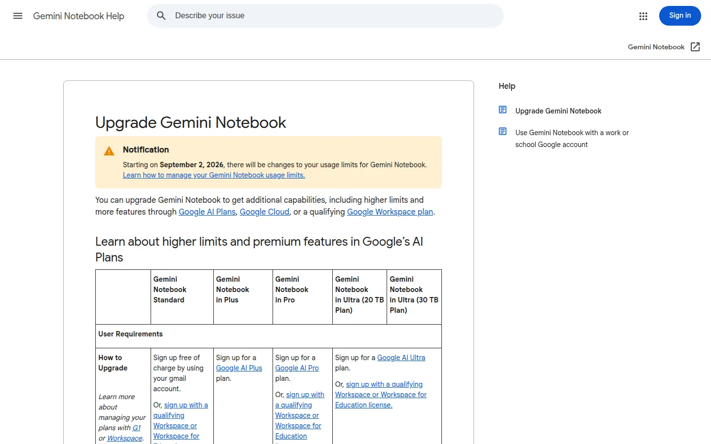 Справка Google с лимитами Gemini Notebook