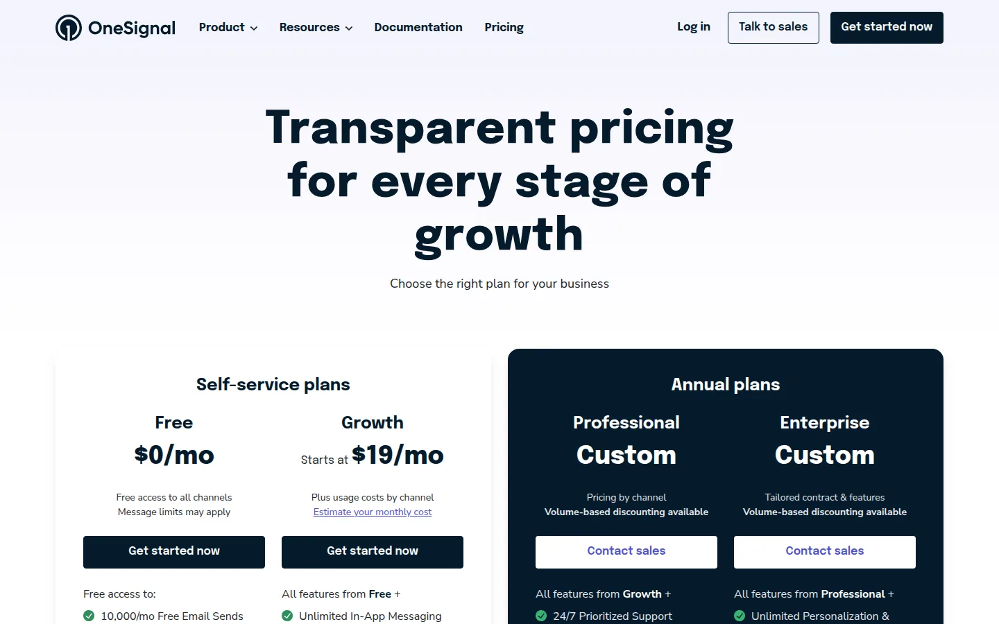 Официальная страница тарифов сервиса OneSignal