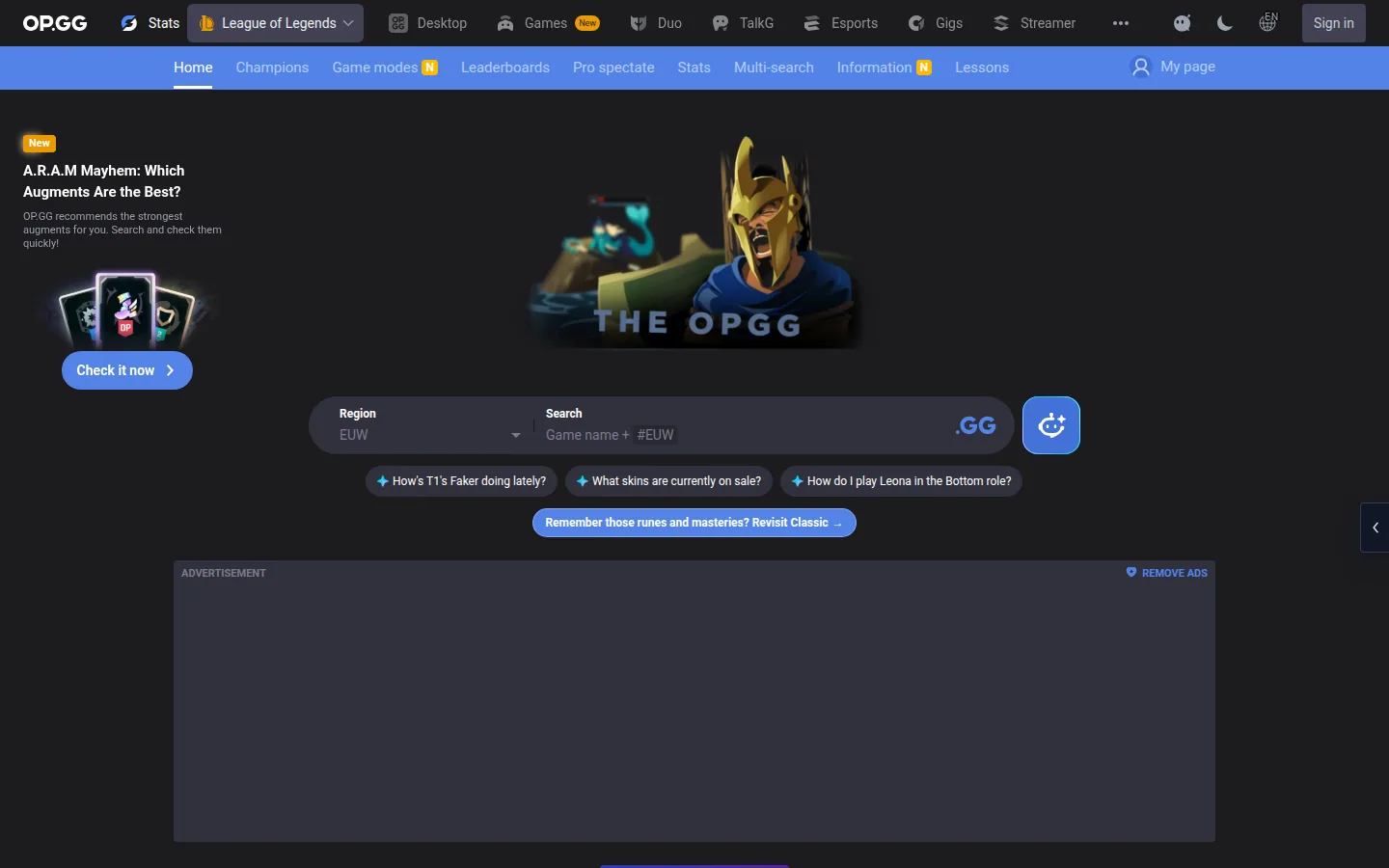 Главная страница сервиса OP.GG