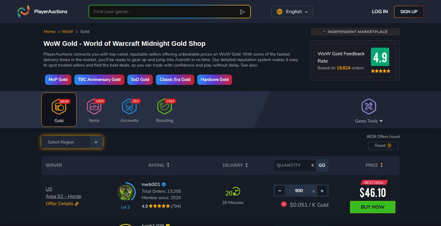 Раздел WoW Gold на PlayerAuctions: заголовок World of Warcraft Midnight Gold Shop, плашка рейтинга 4,9 по 19 824 заказам, вкладки Gold 8649, Items 1905, Accounts 551, Boosting 1094, фильтр Select Region, счётчик 8638 Offers found и первая строка выдачи: сервер US Area 52 Horde, продавец уровня Lv2 с рейтингом 4,9, доставка 20 минут, 900 тысяч золота за $46,10, или $0,051 за тысячу, кнопка Buy Now