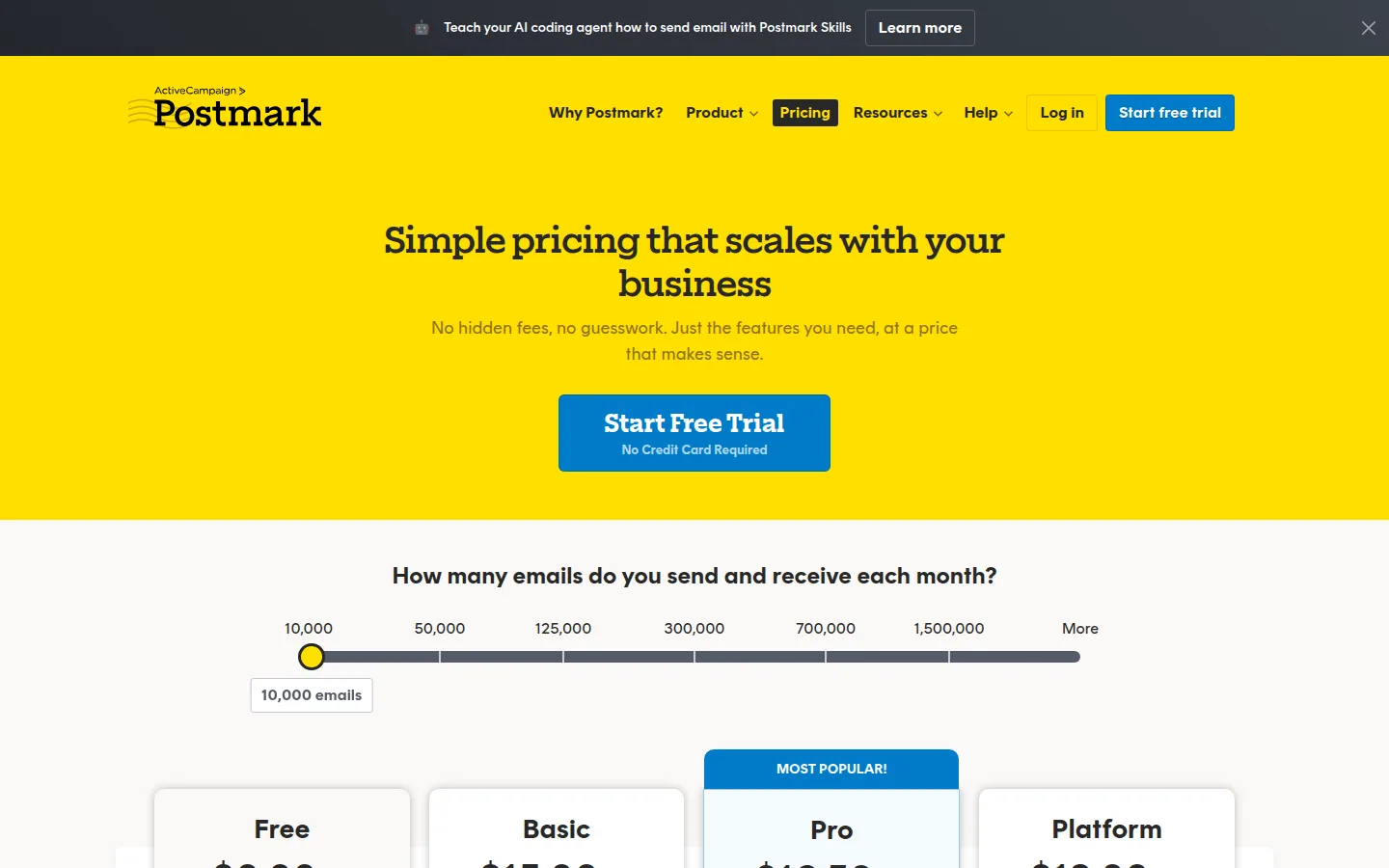 Тарифы Postmark Free Basic Pro Platform