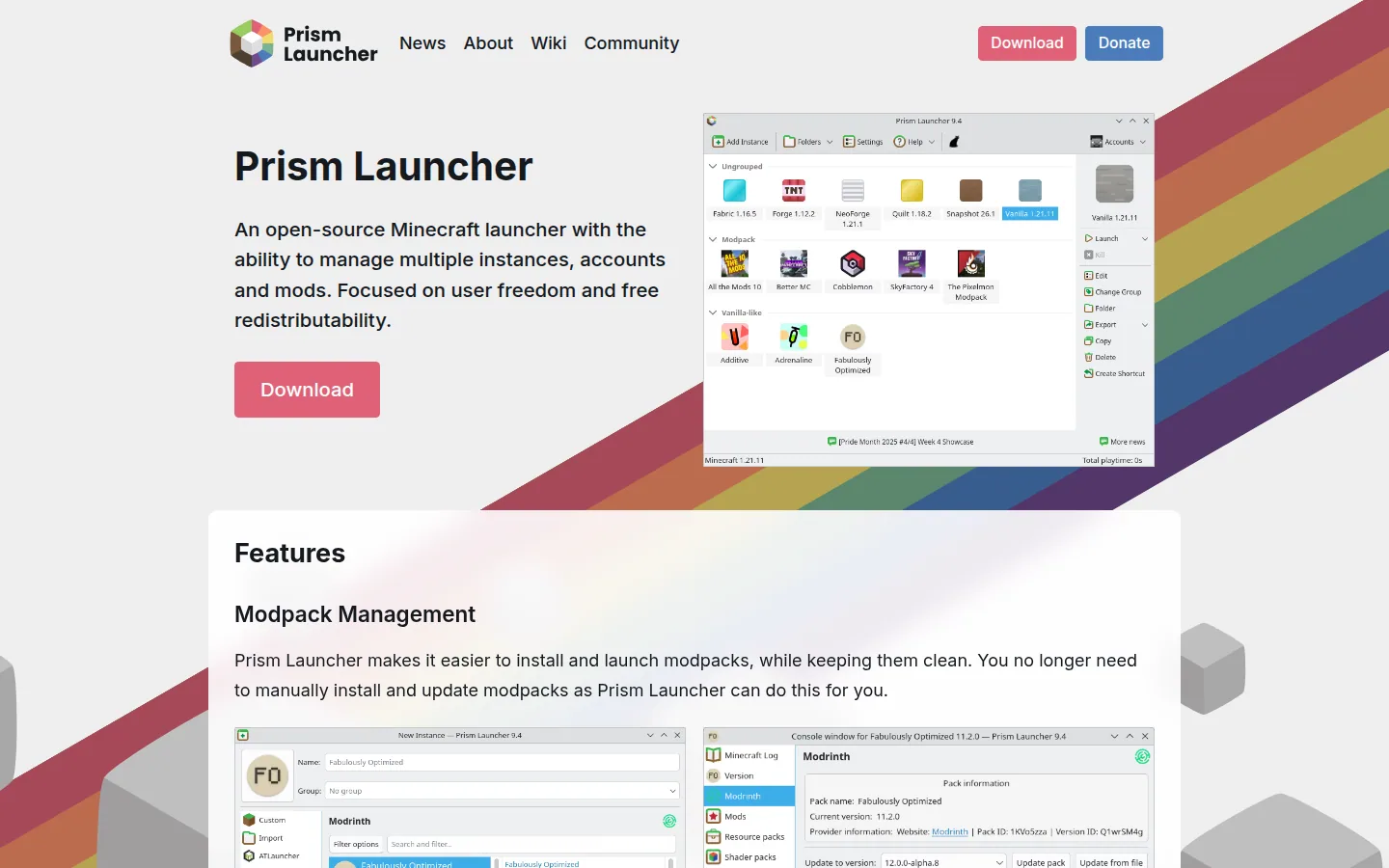 Главная страница сервиса Prism Launcher