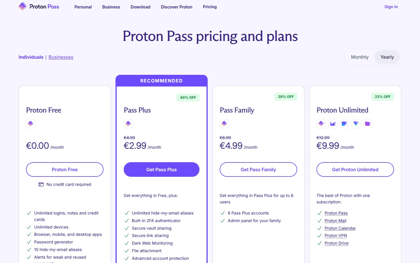 Страница тарифов Proton Pass Free Plus и Family