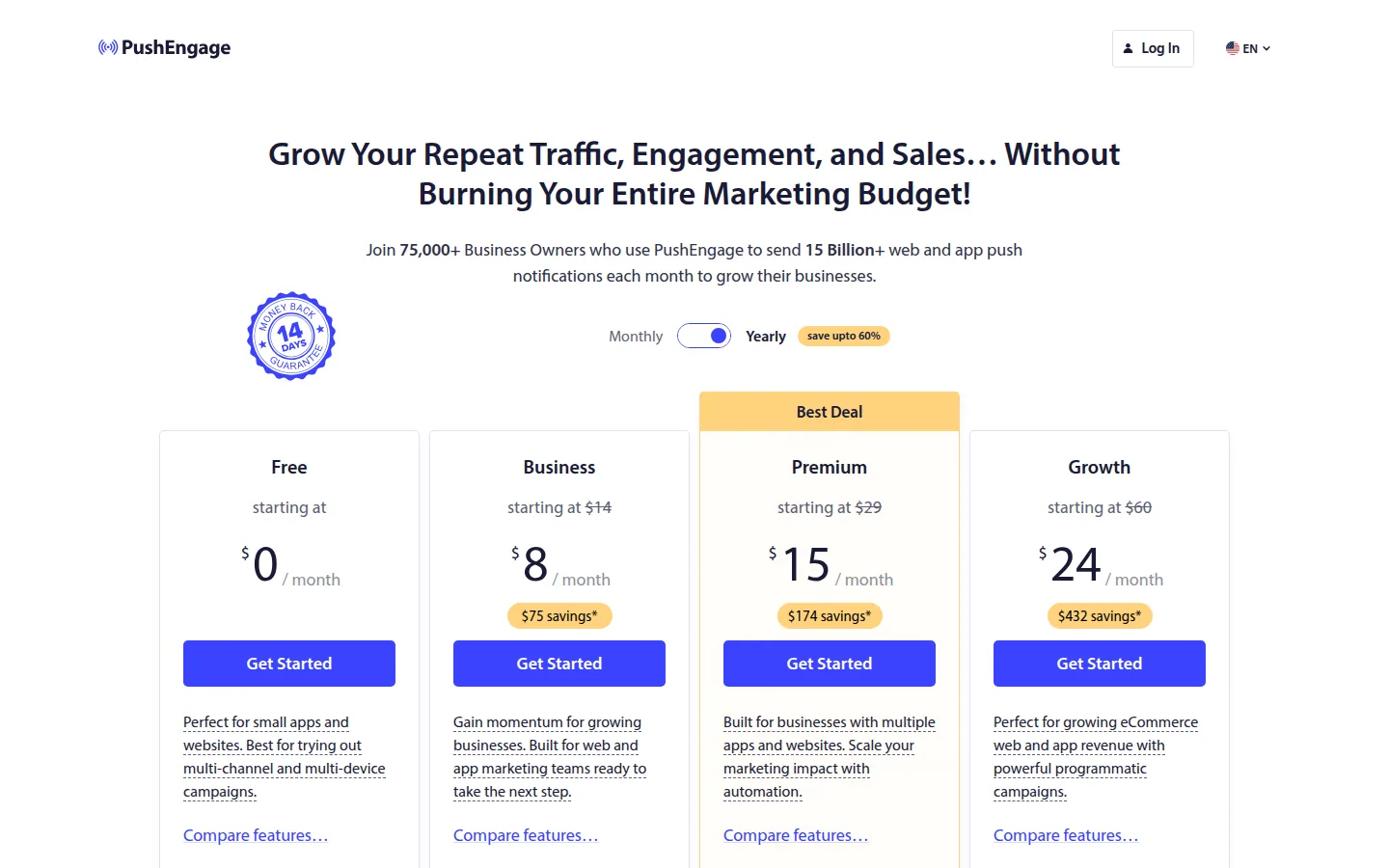 Официальная страница тарифов сервиса PushEngage
