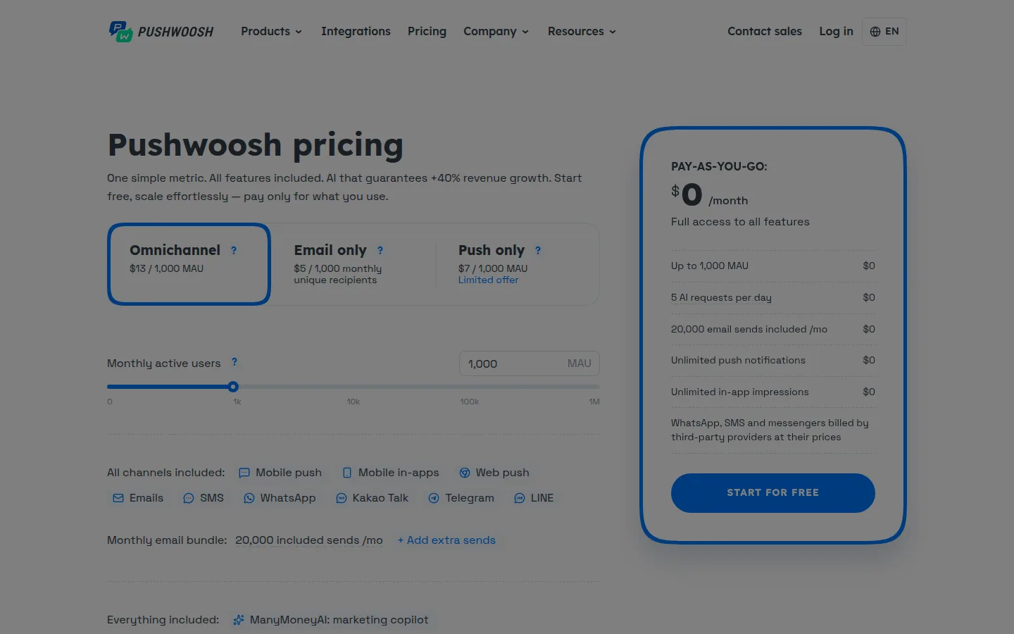 Официальная страница тарифов сервиса Pushwoosh
