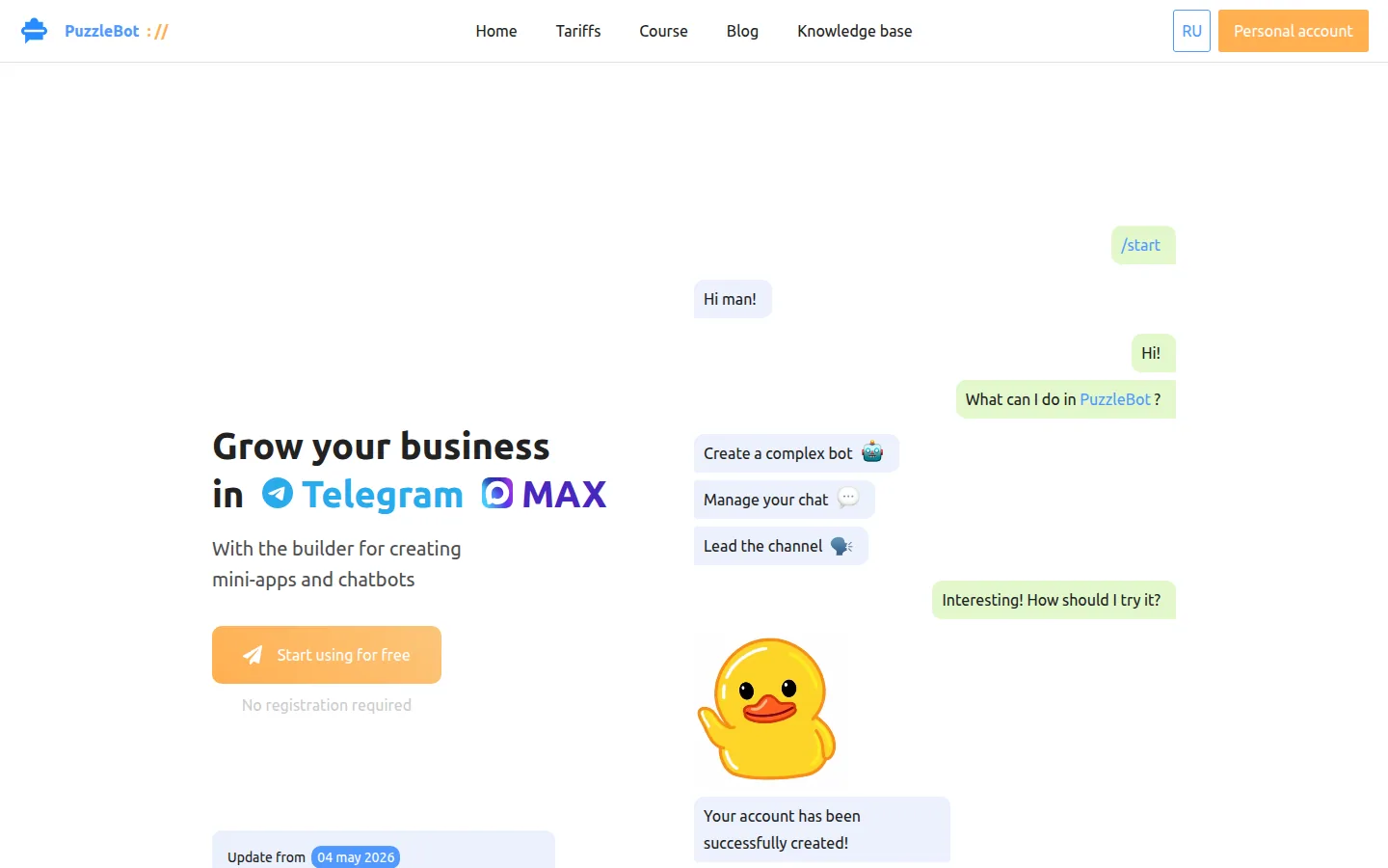 Главная страница сервиса PuzzleBot: Развивай бизнес в Telegram MAX