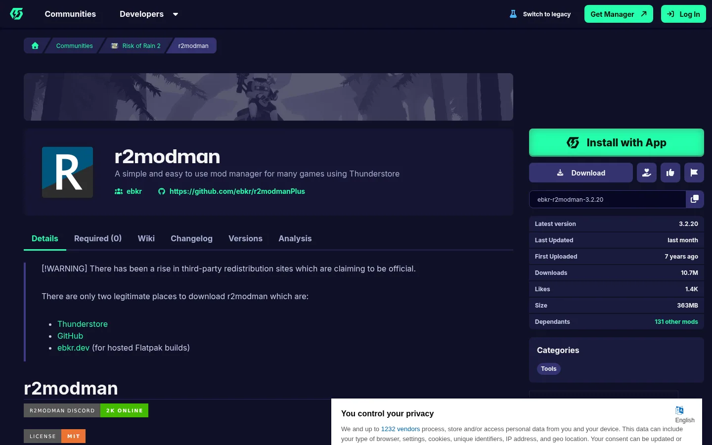 Главная страница сервиса r2modman