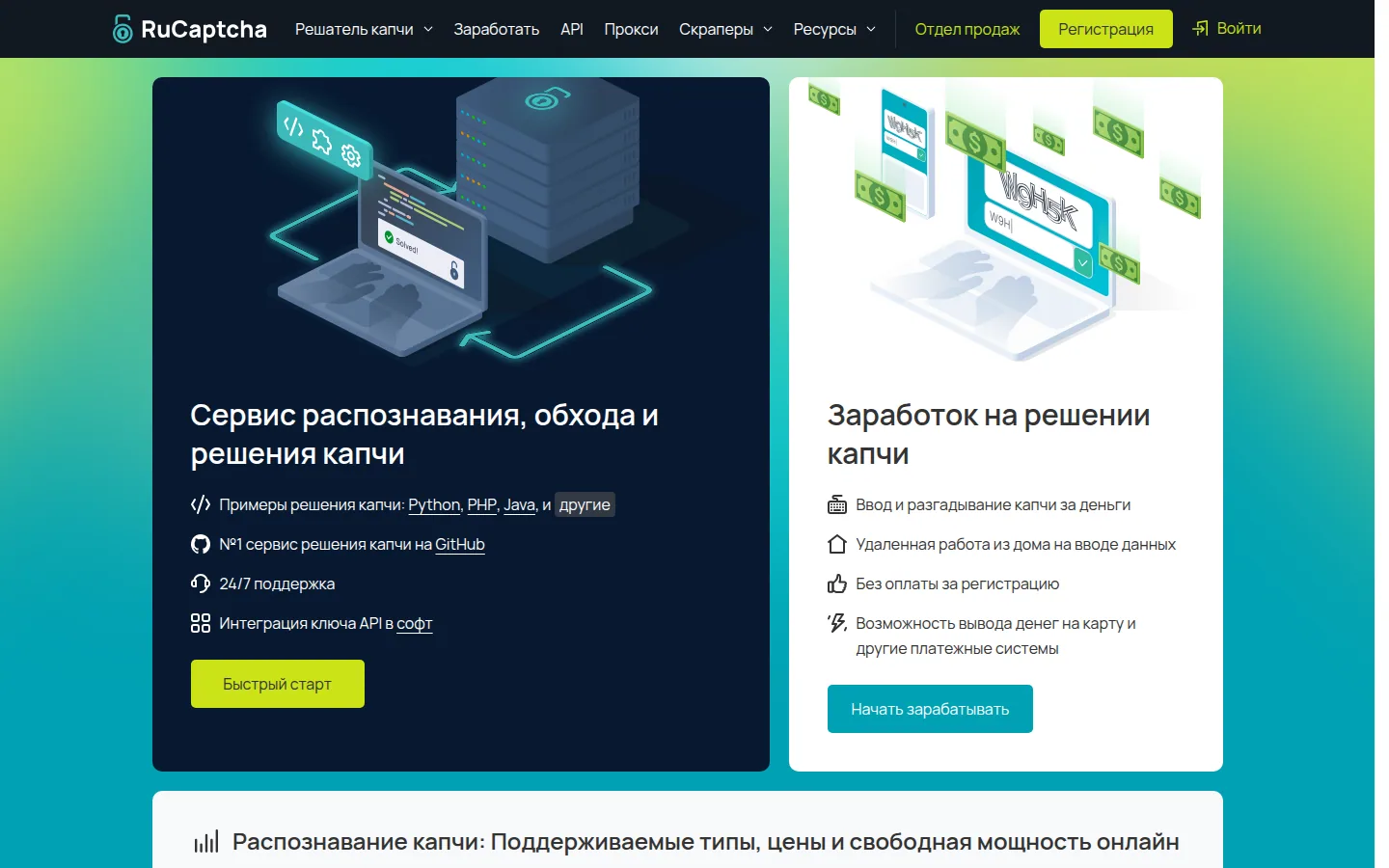 Главная страница сервиса RuCaptcha: Сервис распознавания, обхода и решения капчи