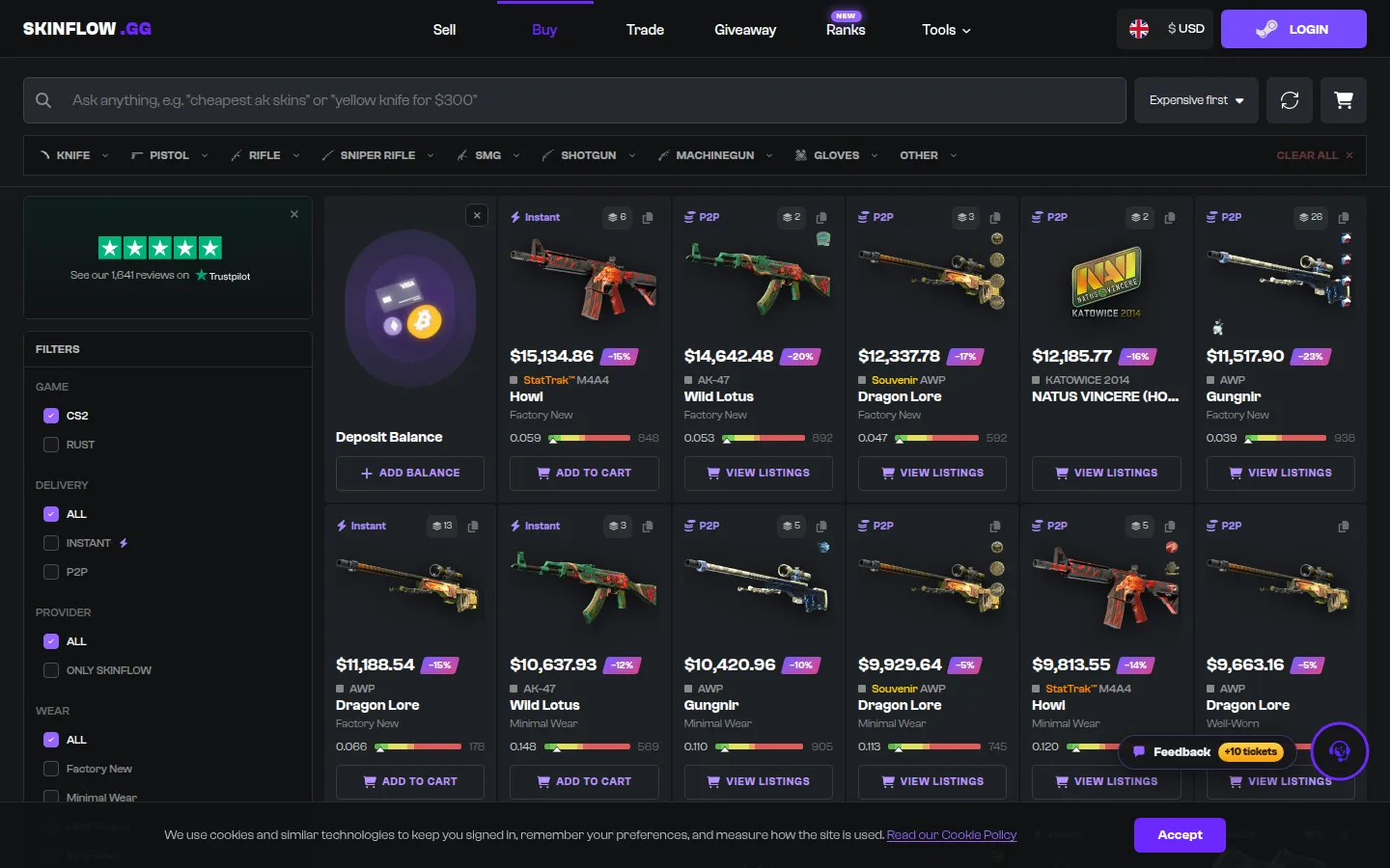Каталог покупки Skinflow на компьютере: сверху строка поиска с подсказкой cheapest ak skins, вкладки Knife, Pistol, Rifle, Sniper rifle, SMG, Shotgun, Machinegun, Gloves, слева фильтры Game с CS2 и Rust, Delivery с Instant и P2P, Provider и Wear, в сетке карточки StatTrak M4A4 Howl за 15 134 доллара со скидкой 15 %, AK-47 Wild Lotus, Souvenir AWP Dragon Lore, наклейка Natus Vincere Katowice 2014, AWP Gungnir, под каждой ценой полоса флоата и кнопки Add to cart или View listings