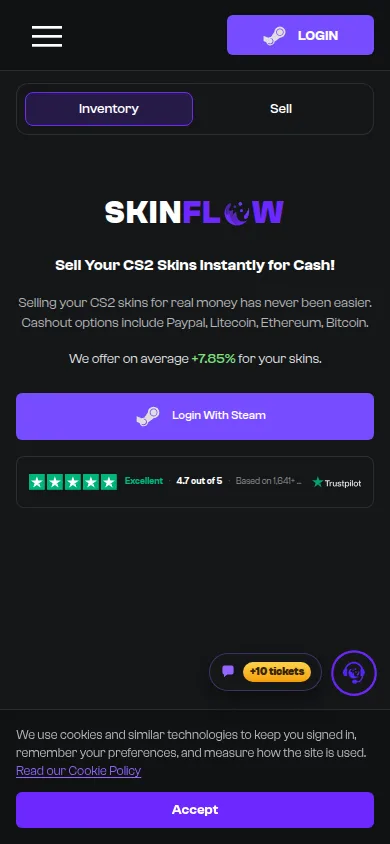 Страница продажи Skinflow на телефоне: тёмный экран, вкладки Inventory и Sell, логотип SKINFLOW, заголовок Sell Your CS2 Skins Instantly for Cash, строка о выплатах на PayPal, Litecoin, Ethereum и Bitcoin, надпись We offer on average +7.85% for your skins, фиолетовая кнопка Login With Steam и виджет Trustpilot с оценкой 4.7 из 5