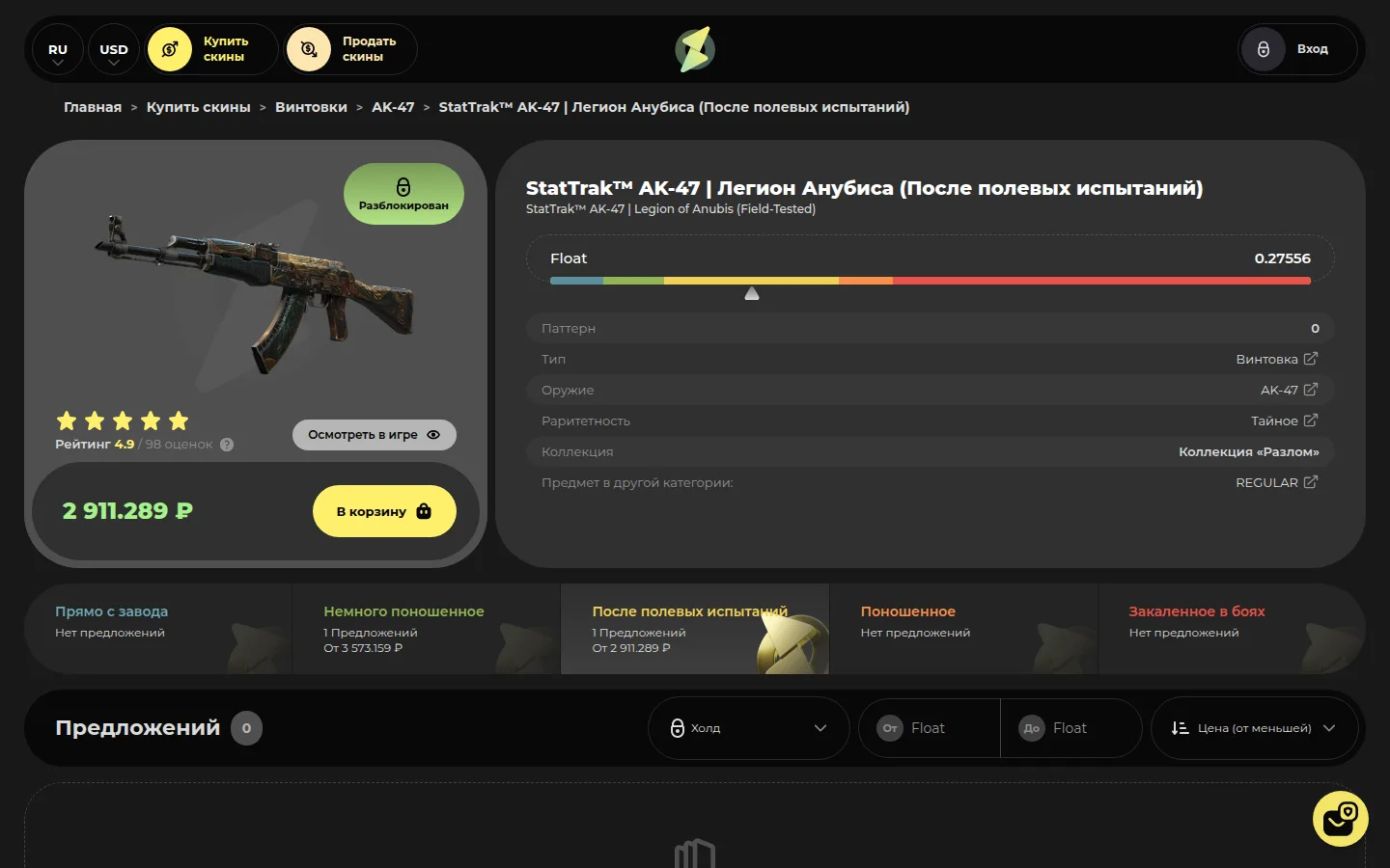 Карточка лота StatTrak AK-47 «Легион Анубиса» (После полевых испытаний) на skinout.gg: слева изображение автомата, зелёная плашка «Разблокирован», рейтинг 4,9 из 98 оценок, цена 2 911,289 ₽ и жёлтая кнопка «В корзину»; справа шкала флоата со значением 0,27556, паттерн 0, тип «Винтовка», редкость «Тайное», коллекция «Разлом»; ниже строка износов с числом предложений