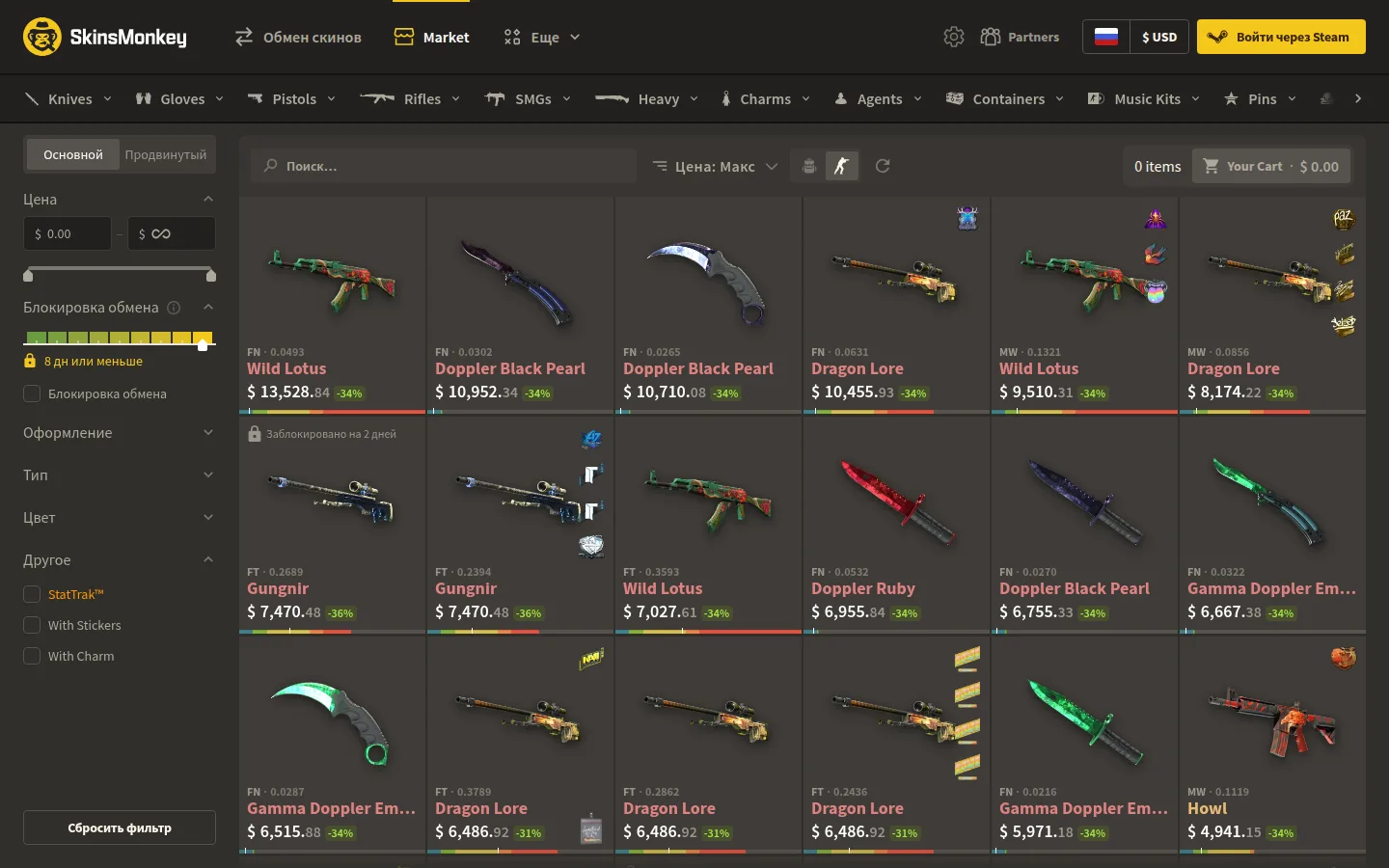 Раздел Market на SkinsMonkey: слева фильтры цены, блокировки обмена, оформления и StatTrak, справа сетка лотов с флоатом и ценой — AK-47 «Дикий лотос» FN 0,0493 за $13 528,84 с меткой −34 %, ножи «Допплер Чёрная жемчужина» около $10 700–10 950, AWP «Драконья история» за $10 455,93, у части лотов пометка «Заблокировано на 2 дней»