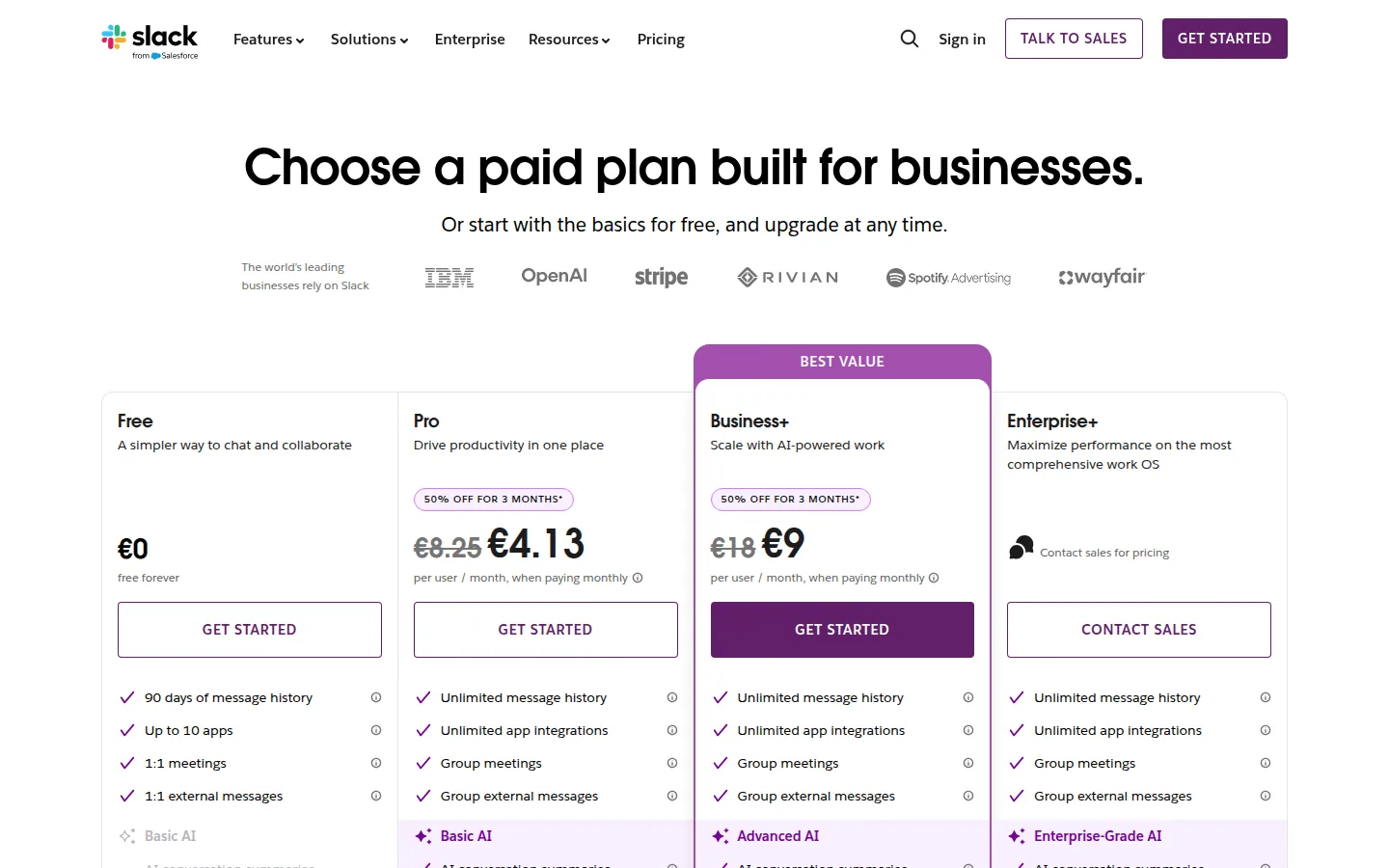 Тарифы Slack Free Pro Business Plus