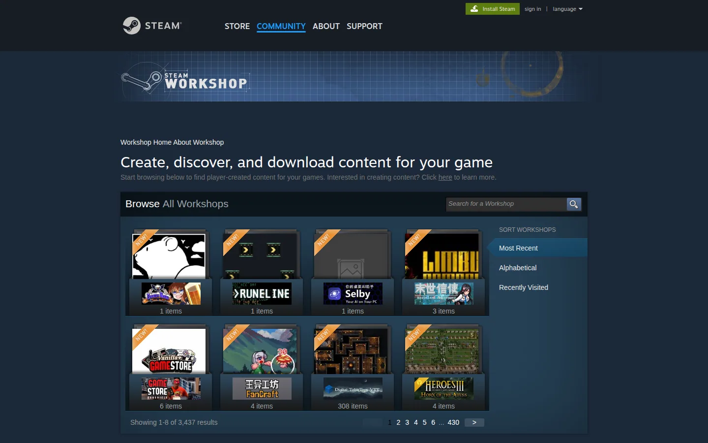 Главная страница сервиса Мастерская Steam