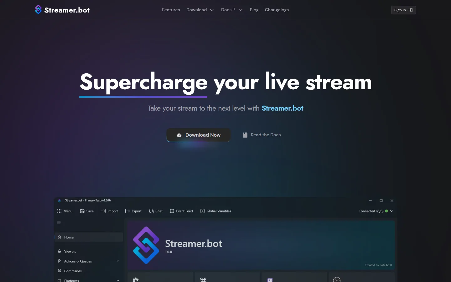 Главная страница сервиса Streamer.bot