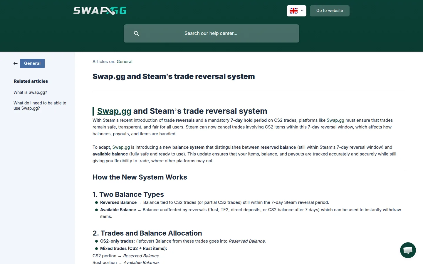 Статья справки help.swap.gg на английском «Swap.gg and Steam’s trade reversal system»: текст об откатах сделок Steam и обязательном 7-дневном удержании CS2-трейдов, раздел «How the New System Works» с пунктами «Two Balance Types» — Reversed Balance и Available Balance — и «Trades and Balance Allocation» про распределение баланса при обмене CS2 и Rust
