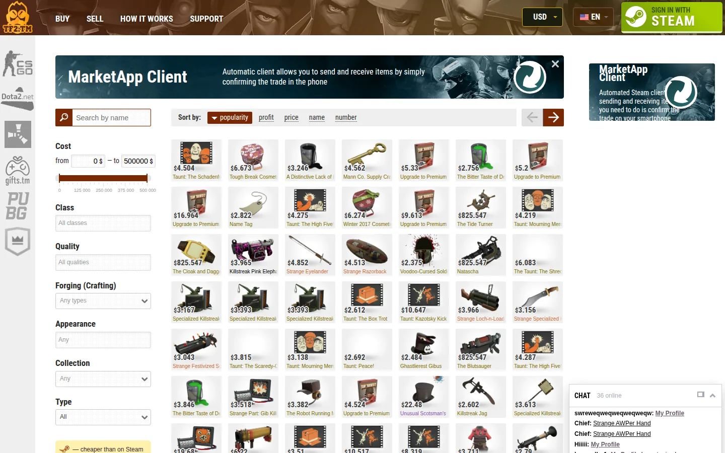 Главная страница сервиса TF2.tm