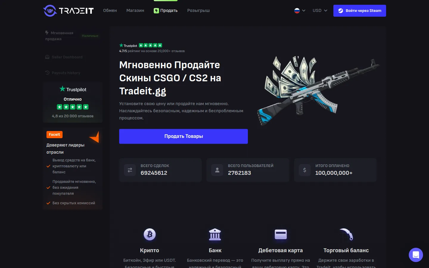 Страница продажи Tradeit.gg: заголовок «Мгновенно продайте скины CSGO / CS2 на Tradeit.gg», кнопка «Продать товары», три счётчика — «Всего сделок 69245612», «Всего пользователей 2762183», «Итого оплачено 100,000,000+», ниже способы вывода: Крипто (Биткоин, Эфир или USDT), Банк, Дебетовая карта, Торговый баланс; в левом меню пункты «Мгновенная продажа» с пометкой «Наличные», Seller Dashboard, Payouts history и плашка Trustpilot «4,8 из 20 000 отзывов»