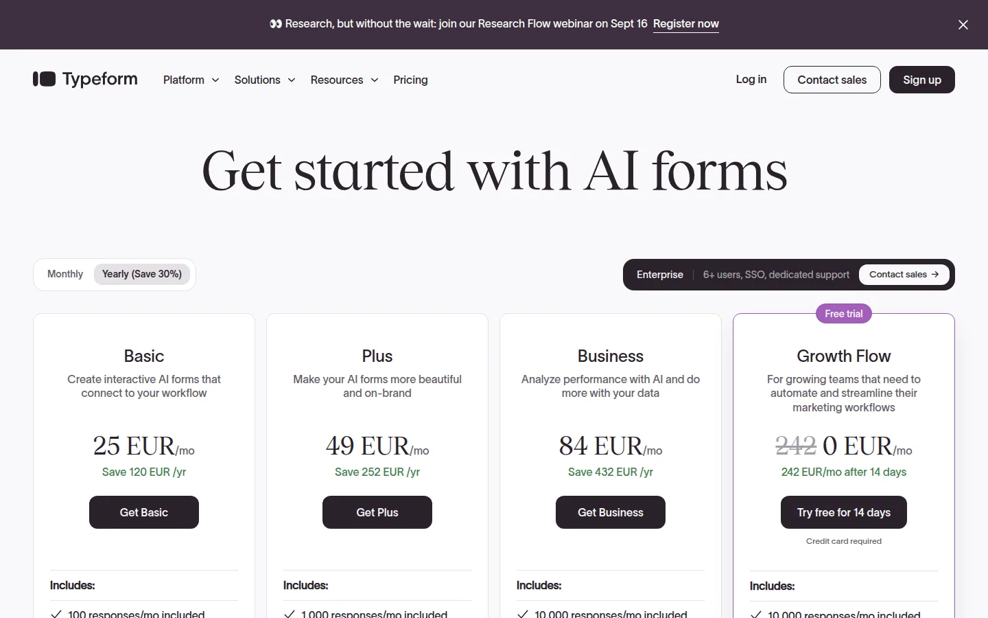 Тарифы Typeform Free Basic Plus Business