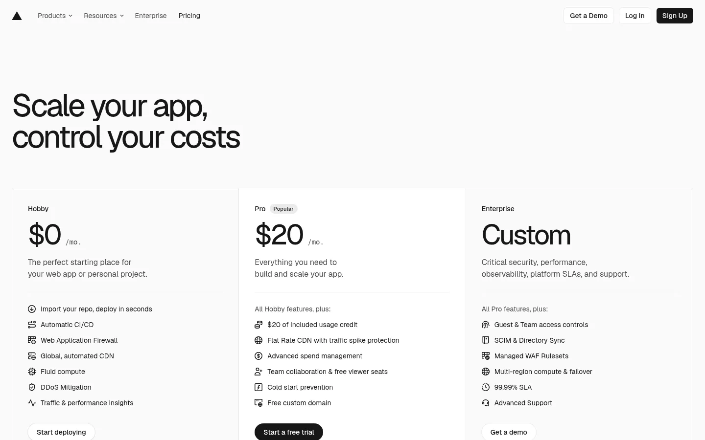 Тарифы Vercel Hobby Pro Enterprise