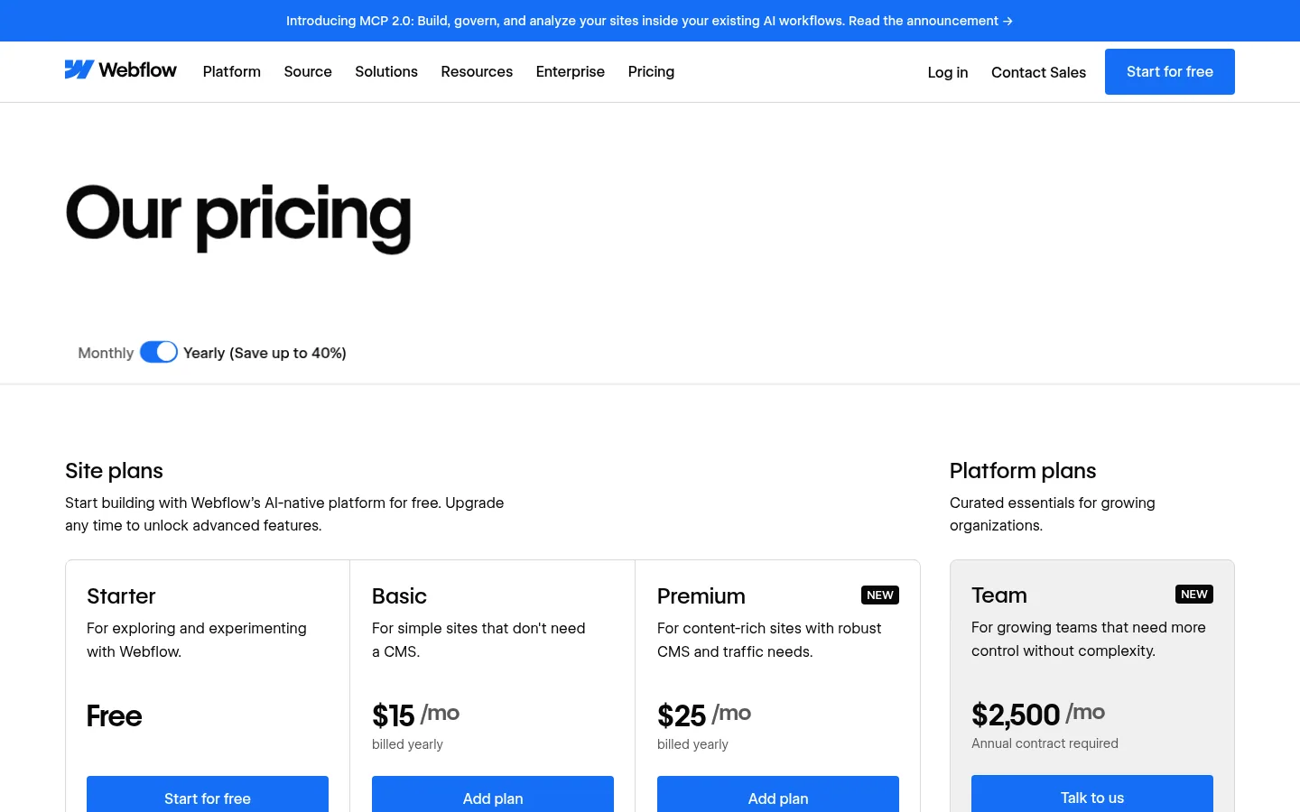 Тарифы Webflow Starter Basic Premium