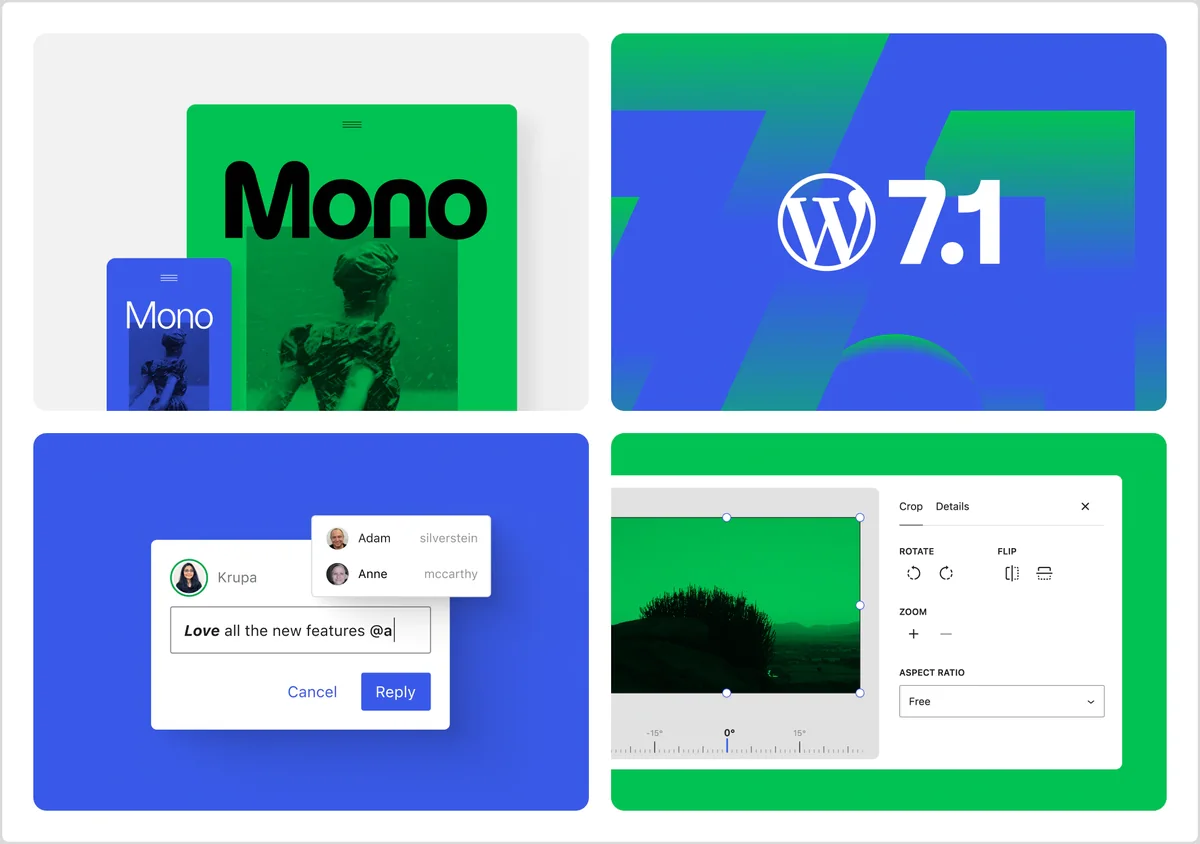 Официальная промо-иллюстрация WordPress 7.1: четыре плитки — превью темы Mono на десктопе и мобильном, синяя плитка с логотипом WordPress и цифрой 7.1, окно комментария с упоминанием пользователей через собаку и кнопками Cancel и Reply, зелёная плитка с медиаредактором и панелью Crop, Rotate, Flip, Zoom и Aspect Ratio