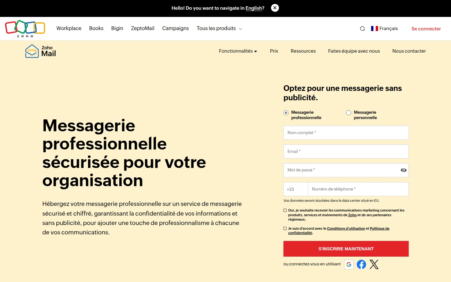 Главная страница сервиса Zoho Mail