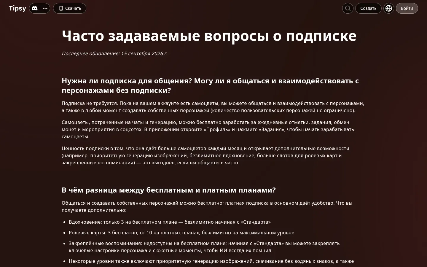 Раздел «Вопросы о подписке» в Tipsy Chat