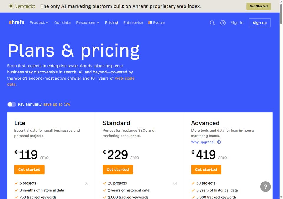 Ahrefs — страница тарифов