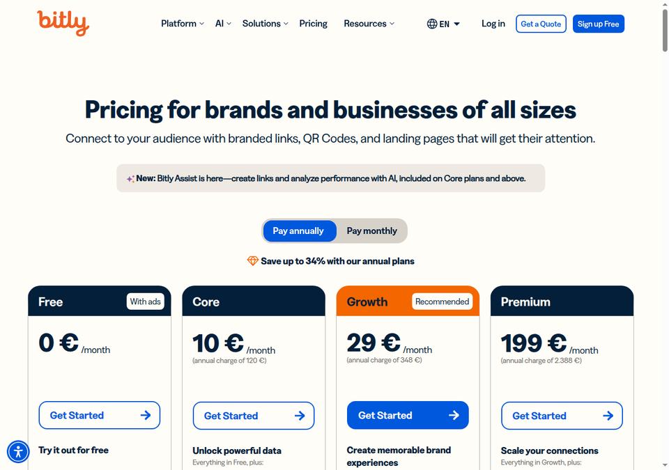 Bitly — страница тарифов