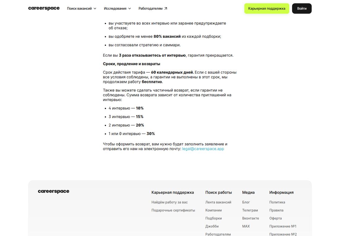 Страница оферты Careerspace. Строка «Если вы 3 раза отказываетесь от интервью, гарантия прекращается». Заголовок «Сроки, продление и возвраты»: срок действия тарифа — 60 календарных дней, при соблюдении всех условий со стороны клиента работа продолжается бесплатно. Ниже шкала частичного возврата, если гарантии не соблюдены: 4 интервью — 10 %, 3 интервью — 15 %, 2 интервью — 20 %, 1 или 0 интервью — 30 %. Заявление на возврат отправляется на legal@careerspace.app.