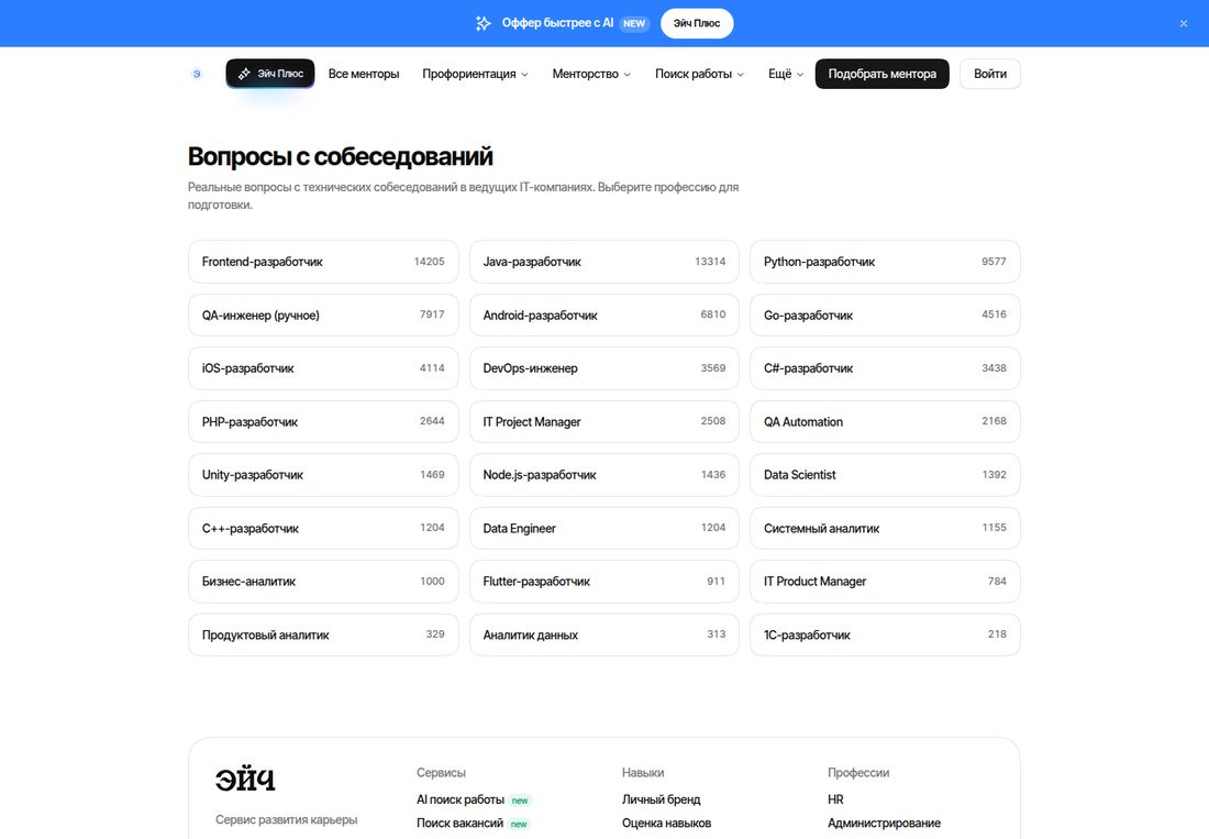 Страница «Вопросы с собеседований» сервиса Эйч: плитки профессий со счётчиком вопросов. Frontend-разработчик 14205, Java-разработчик 13314, Python-разработчик 9577, QA-инженер (ручное) 7917, Android-разработчик 6810, Go-разработчик 4516, iOS-разработчик 4114, DevOps-инженер 3569, C#-разработчик 3438, PHP-разработчик 2644, IT Project Manager 2508, QA Automation 2168, Unity-разработчик 1469, Node.js-разработчик 1436, Data Scientist 1392, C++-разработчик 1204, Data Engineer 1204, системный аналитик 1155, бизнес-аналитик 1000, Flutter-разработчик 911, IT Product Manager 784, продуктовый аналитик 329, аналитик данных 313, 1С-разработчик 218.
