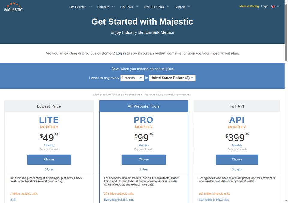 Majestic — страница тарифов