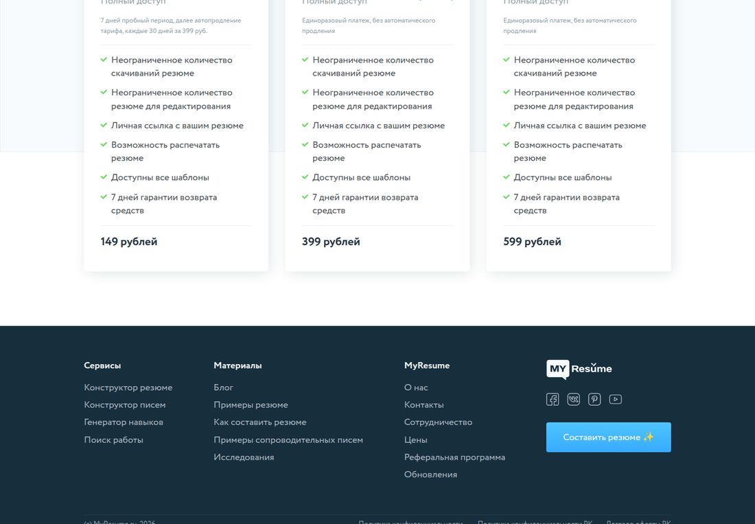 MyResume — тарифы