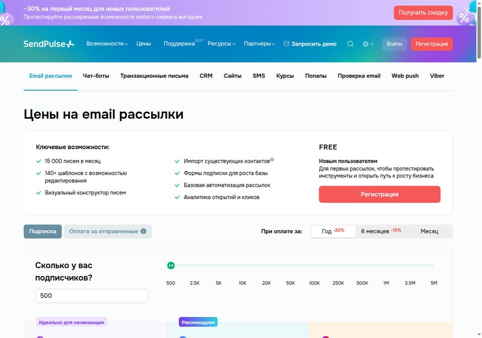 SendPulse — страница тарифов