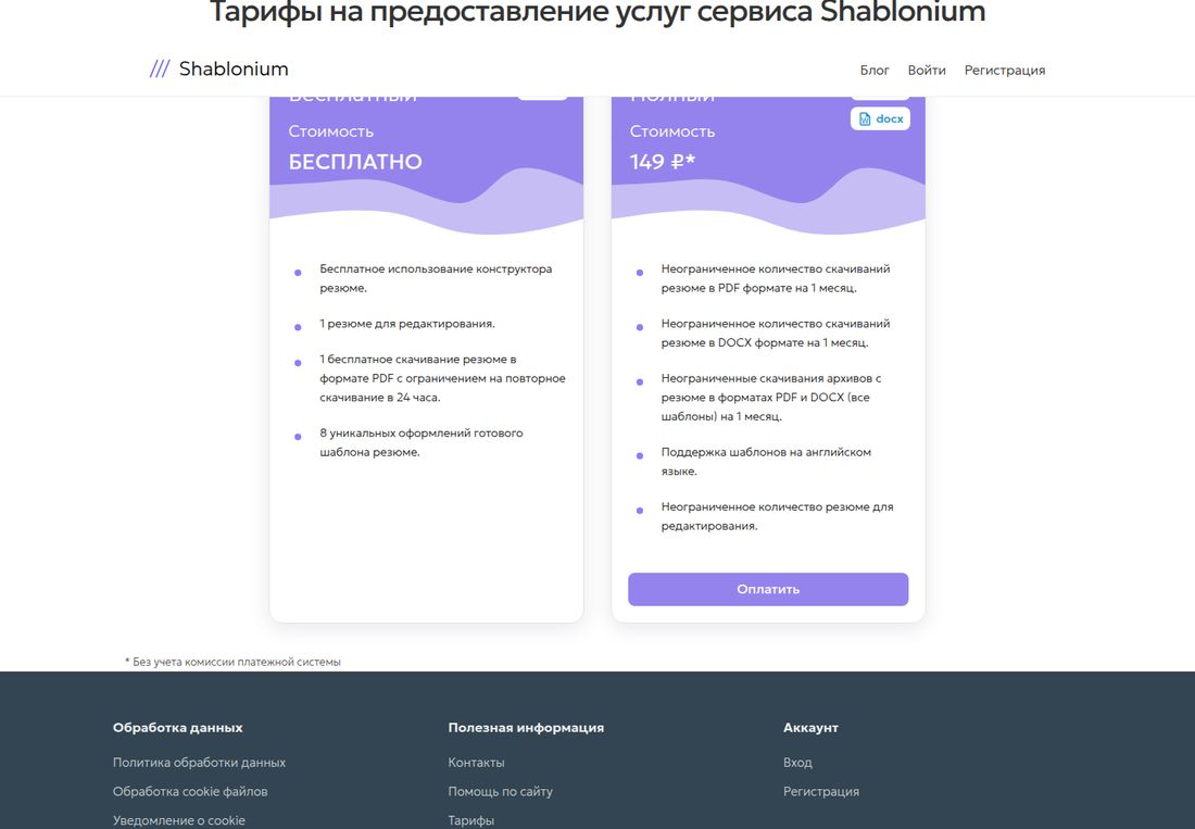 Страница «Тарифы на предоставление услуг сервиса Shablonium». Тариф «Бесплатный», стоимость «БЕСПЛАТНО»: бесплатное использование конструктора резюме, 1 резюме для редактирования, 1 бесплатное скачивание резюме в формате PDF с ограничением на повторное скачивание в 24 часа, 8 уникальных оформлений готового шаблона. Тариф «Полный» с меткой docx, стоимость 149 ₽ со звёздочкой: неограниченное количество скачиваний в PDF на 1 месяц, неограниченное количество скачиваний в DOCX на 1 месяц, неограниченные скачивания архивов со всеми шаблонами на 1 месяц, поддержка шаблонов на английском языке, неограниченное количество резюме для редактирования, кнопка «Оплатить». Внизу сноска «Без учета комиссии платежной системы».